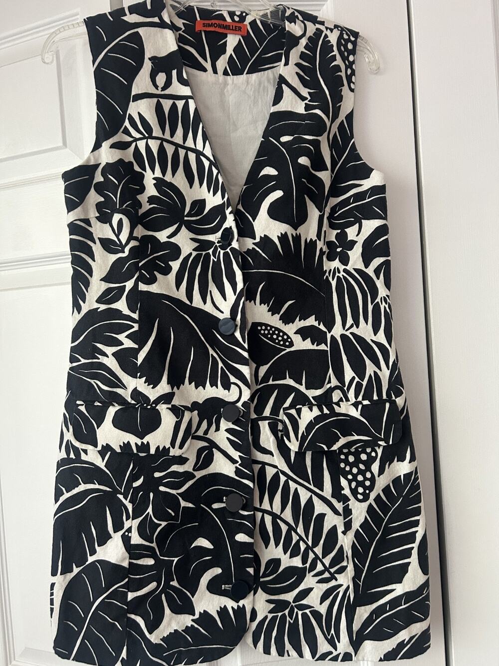 SIMON MILLER Linen Cotton Dress M Black Cream Tropical Palm Mid Cent. Mod Carob